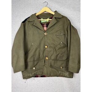 Vintage 50s French Hunting Jacket Olive Green Canvas Plaid Lining Brass Buttons